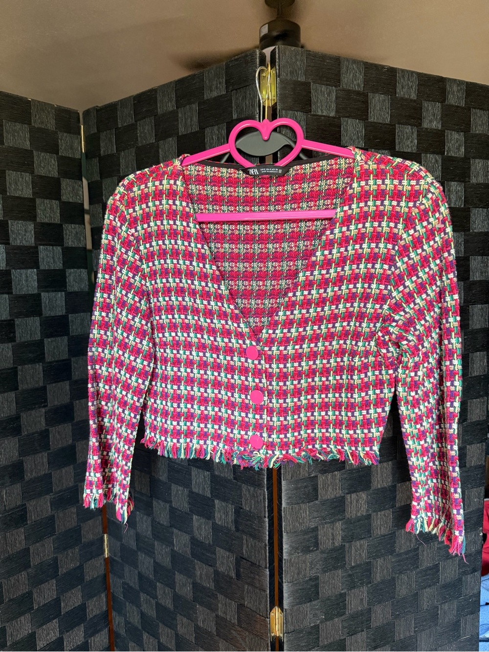 Zara Pink Multicolor Tweed Cropped Cardigan